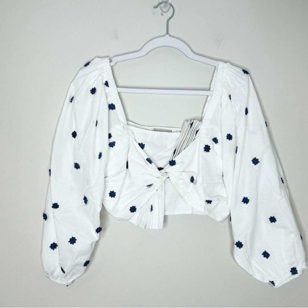 FARM RIO | Blue Floral Long Sleeve Crop Top Medium